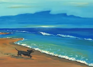 STAMPA ACEO DEL DIPINTO RYTA BASSOTTO CANE IN SPIAGGIA PAESAGGIO MARINO TRAMONTO Arte Popolare - Foto 1 di 1