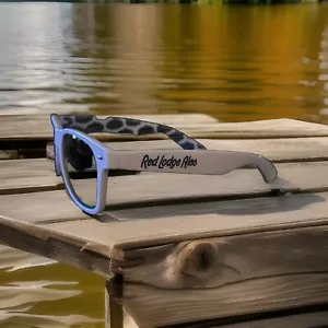 Red Lodge Ales Sunglasses Promo Advertising Logo White Frame Blue Mirror Lenses - Picture 1 of 9