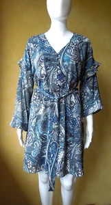 TOKITO -Womens - Blue Floral Paisley A line long Sleeve Dress - Size 12 - Sml 14 - Picture 1 of 11