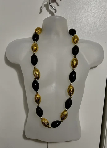 Saints Fan Beads.  Mini Black & Gold Footballs Handstrung On 42" Necklace Cover