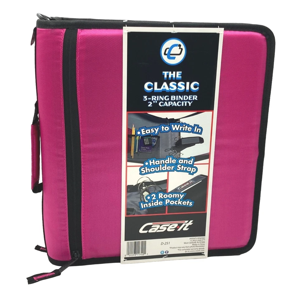 Case-it The Classic 2" Zipper 3 Ring Binder School Handle Strap Pink Pockets