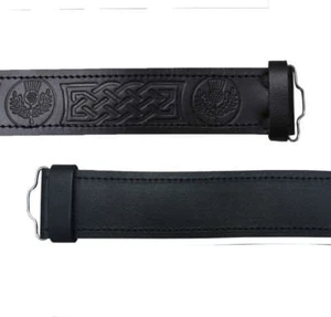 New Scottish Thistle Embossed Kilt Belt Leather Highland Celtic Stag Head Buckle - Picture 1 of 8