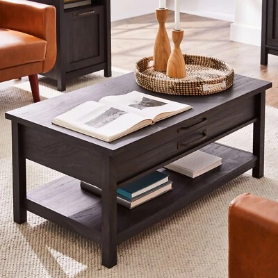 Black finished wooden coffee table with lift-top stash compartment! - Image 1 of 4