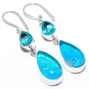 Triplet Fire Opal, Blue Topaz Gemstone 925 Sterling Silver Jewelry Earring 2.4" - Picture 1 of 5