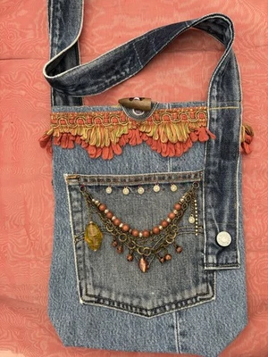Upcycled Jeans Handmade Boho Embellished Quirky Shoulder Bag - Image 1 of 4