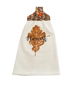 Autumn Handmade Hanging Dishtowel "Harvest" on Orange Leaf White Towel - Picture 1 of 5