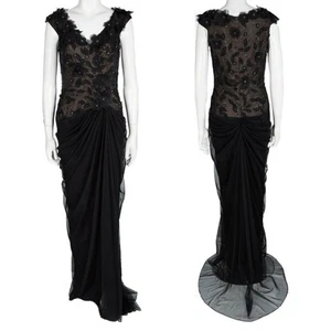 Tadashi Shoji Dress Women Size 8 Black Floral Applique Maxi Draped Evening Party - Picture 1 of 10