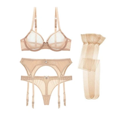 Conjunto de lencería sexy transparente de 4 piezas sujetador ultrafino de encaje tanga medias ligeras Foto 1 de 4