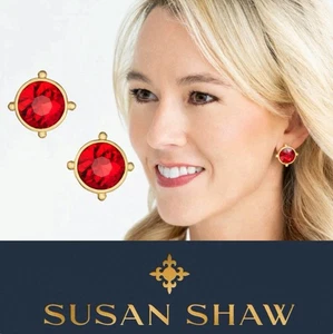 Susan Shaw Earrings Red Crystal Coup Gold Studs 24K TPG Jewelry - Picture 1 of 12