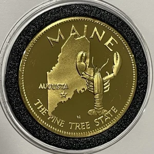 Moneta da collezione Maine State Proof oro 24k su argento sterling rara medaglia rotonda - Foto 1 di 16