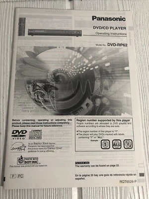 Panasonic REPRODUCTOR DVD/CD MANUAL DE INSTRUCCIONES DVD-RP62 Foto 1 de 3