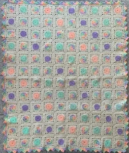 Granny Squares Baby Blanket Sunburst Pastel Afghan Handmade Crochet Throw 48 x39 - Picture 1 of 12