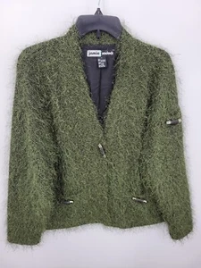 Jamie Sadock Cardigan Jacket Womens Large Green Fringe Toggle Button Artsy - Picture 1 of 9