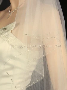 2T Elfenbein Braut Fingerspitze Länge Silber Perlen Rand Hochzeitsschleier - Bild 1 von 4