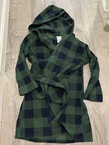 Komar Kids Boys Hooded Bathrobe Sz S Green Navy Blue Plaid Sleepwear Belt - Picture 1 of 11
