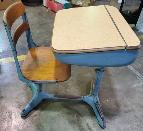 Vintage Child's School Desk BLU Cast Iron Swivel Chair & Adjustable Desk Top KY Cover
