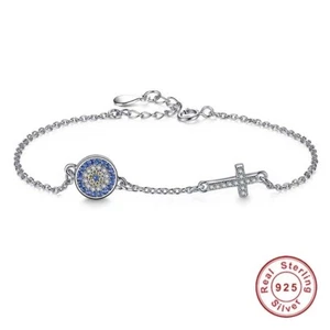 Quality Genuine 925 Sterling Silver Cross Evil Eye Turkish Greek Mati Bracelet - Picture 1 of 5