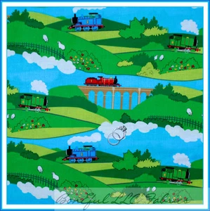 BonEful Fabric FQ Cotton Quilt Thomas Tank Engine Scenic Railroad TRAIN Track US - Picture 1 of 9