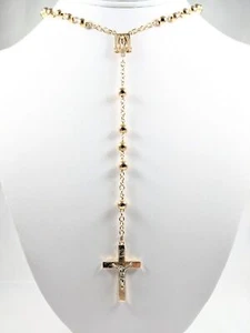 14 KT Two Tone Gold Rosary Beads with Brushed Cross Crucifix 19" - Picture 1 of 6
