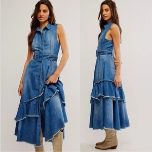 Free People Western Bohemian Rüschen Denim Midi Maxikleid großer Gürtel Cowgirl - Bild 1 von 15