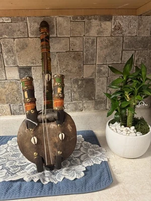 Handcrafted African Gourd Lute 4-String Banjo Decor Cowrie Shells Carved Kente - Image 1 of 4