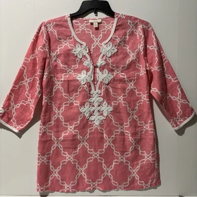Blusa CHARTER CLUB Mujer Talla S Rosa Lino Socialite Bordada Túnica Clásica Foto 1 de 4