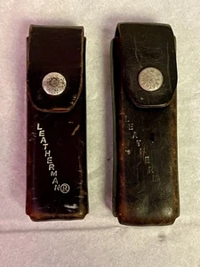 Fodero coltello da tasca vintage Leatherman in pelle con scritta oro con passante per cintura set di 2 - Foto 1 di 7