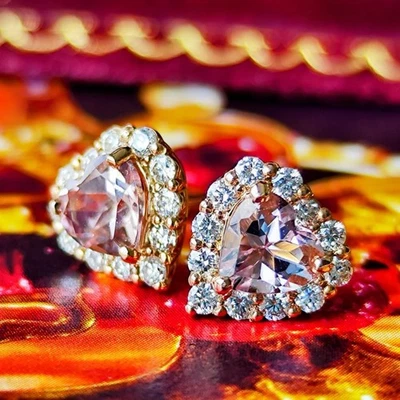 Pendientes de oro rosa de 18 quilates con corazón de diamantes de morganita natural 【Hechos en Japón】 Foto 1 de 4
