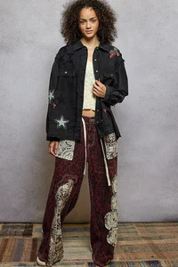 Nuova camicia Pol Denim Shacket nera con bottoni donna stelle boho antropologie small - Foto 1 di 7
