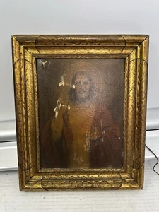 Antique Jesus Christ Sacred Heart Oil Painting – Gilded Frame 15x12.5” - Picture 1 of 6