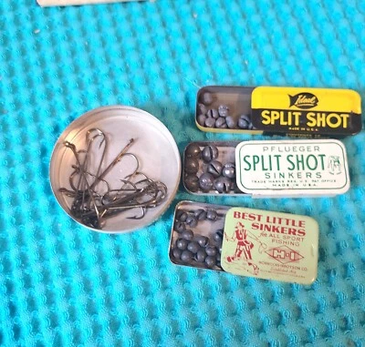 4 VINTAGE FISHING TINS PFLUEGER IDEAL H-I SINKERS GRIFFIN HOOKS - Image 1 of 3