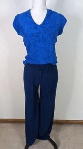 Vtg 60s Womens 2 Piece Bell Bottoms Pants Top Set Blue Terry Cloth Small 4/6 D3S - Picture 1 of 4
