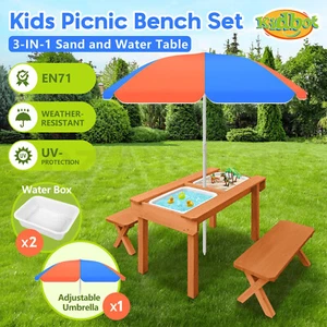 Kids Sand and Water Table Picnic Chairs Outdoor Wooden Bench Adjustable Umbrella - Picture 1 of 10
