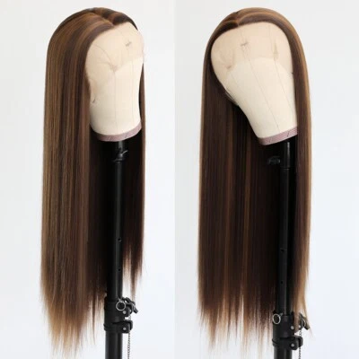 Highlight Ombre Brown Blonde Hair Heat Safe Synthetic Lace Front Wigs Straight - Image 1 of 4