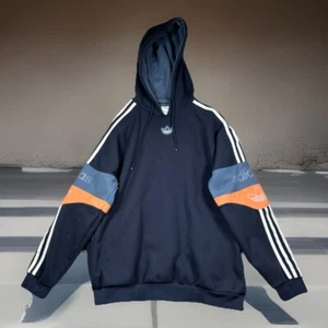 Adidas Originals Hoodie Mens M Navy Blue Central Trefoil Band Logo 3 Striped Arm - Picture 1 of 13