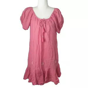 Adrift Size S Boho Pink Short Puff Sleeve Frill Shift Tunic Dress - Picture 1 of 5