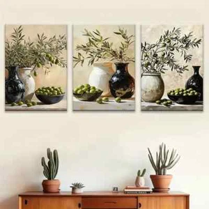 3pcs Elegant Olive Tree Pine Black Vase Green Metal Print Ready to Hang Art - Bild 1 von 7