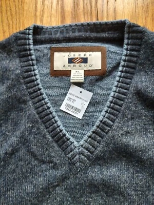 Suéter Pullover Joseph Abboud Cuello en V Azul Marino Gris Lana Algodón Codo Parche XL Foto 1 de 4