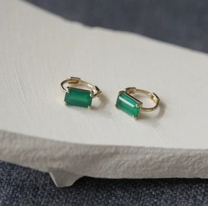 14ct Solid Gold Jade Green Tablet Huggie Hoops Earrings - 14K, Unisex, small - Picture 1 of 7