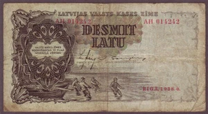 LATVIA LATVIJA 10 Latu 1938, Series: AH 014242, Pick - 29b, VF - Picture 1 of 2