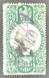 US Revenue ~ Scott R147 ~ Third Issue ~ $3 ~ Purple MC Cancel ~ USED ~ CV $110 - Picture 1 of 2