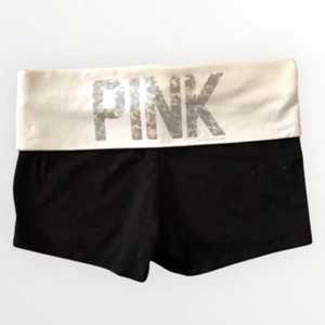 VICTORIAS SECRET PINK FOLD OVER SHORTS SIZE MEDIUM BLACK WITH WHITE WAIST Y2K - Picture 1 of 5