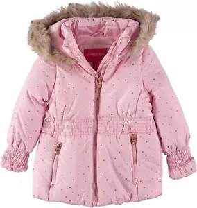 London Fog Infant Girls Pink Polka Dot Puffer Coat w Faux Fur Hood Size 24M New - Picture 1 of 7