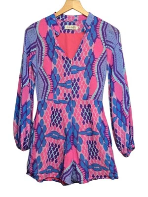 Romper Kahindo Rent The Runway Feminino Pequeno Rosa Estampa Azul Decote V Zíper Algodão - Imagem 1 de 4