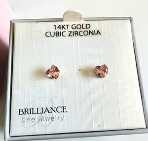 14k Gold Pink Heart CZ Stud Brilliance Earrings New Boxed - Picture 1 of 6