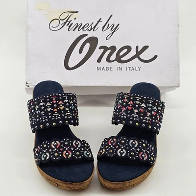 Nuevo en caja Sandalia de cuña Onex Oppal azul marino nobuck 2 bandas corte láser talla EE. UU. 4,5 Foto 1 de 4