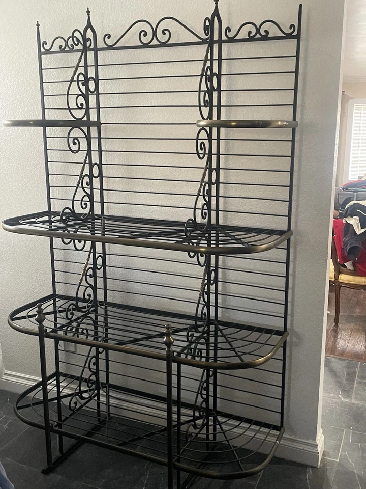 Vintage French Bakers Rack 3 Tier Scrolling Wrought Iron and Brass Etagere - Image 1 of 4