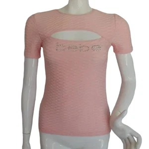 BEBE Top, S, Pink Textured Activewear, Rhinestone LOGO, Keyhole, Short sleeves - Picture 1 of 12