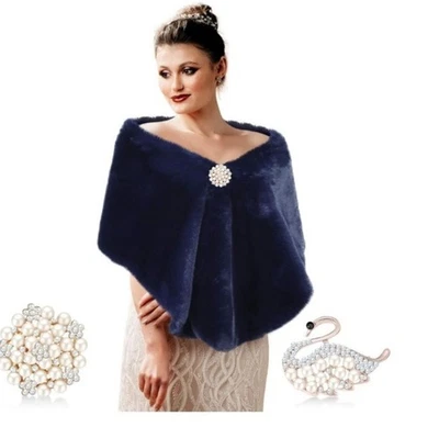 Broches envolventes chal de piel sintética estolas bufanda encogerse de hombros nupcial invierno boda estrás Foto 1 de 2