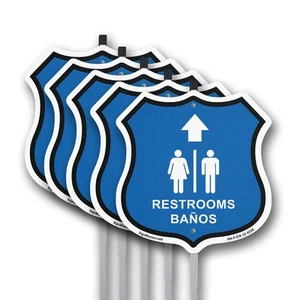 Restrooms Ba�os Up Arrow Bilingual English / Spanish Shield Sign With Stake - Picture 1 of 14